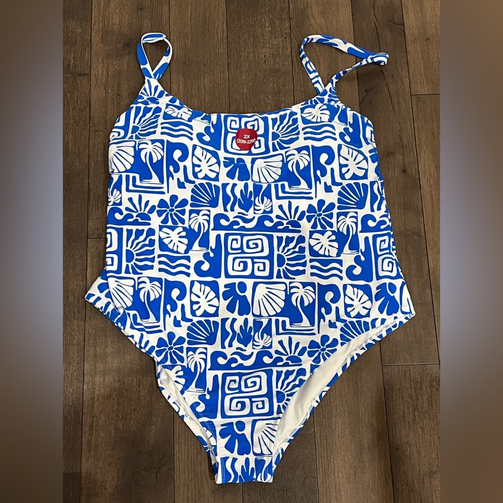 Retro Blue and White One Piece Swim with Tiki Print